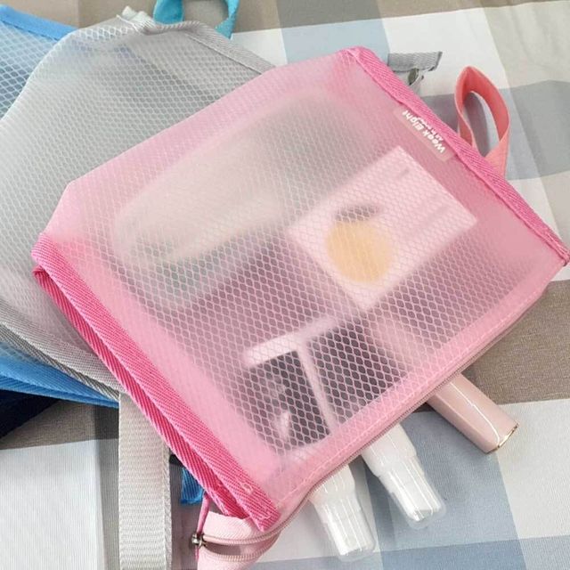 격자무늬 투명 파우치 핑크 다용도 목욕가방 PVC
