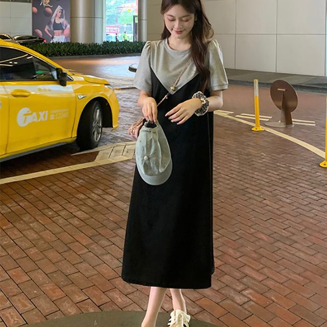 여자 페이크 레이어드 스타일 뷔스티에 꾸안꾸 롱 반팔 원피스