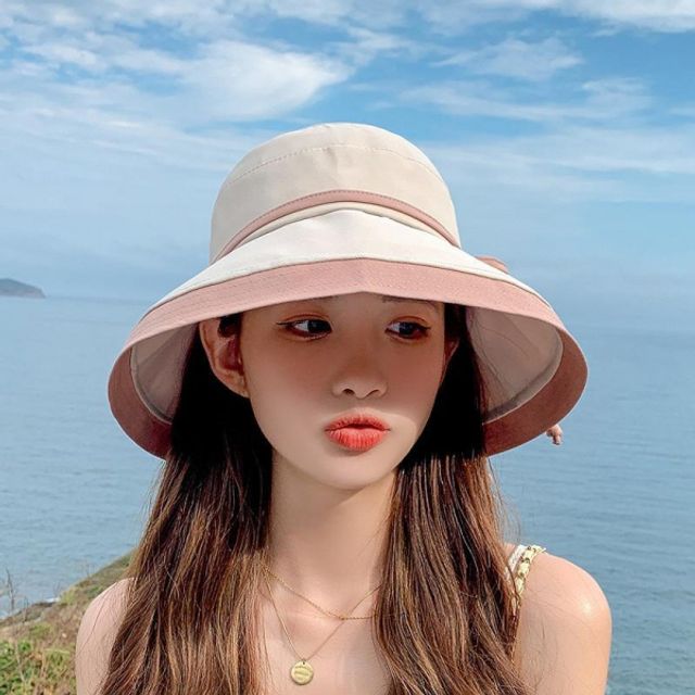 여자 리본배색 여행 벙거지 버킷햇 비치모자