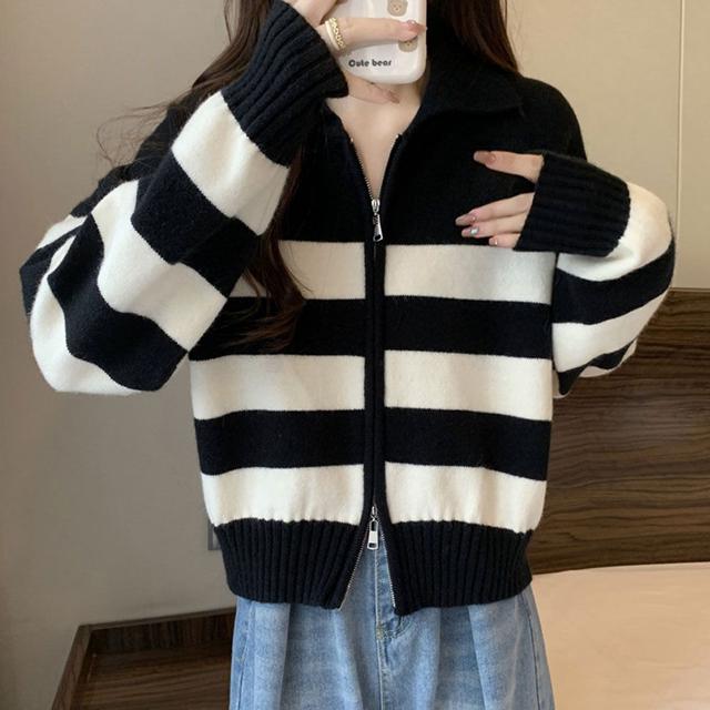 여성 투웨이 집업 카라 가디건 스트라이프 간절기