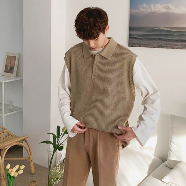 남자 카라 니트조끼 촘촘 짜임 데이트룩 니트베스트