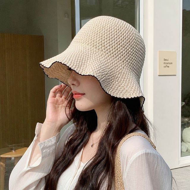 여성 나들이 모자 배색 웨이브 프릴 벙거지 밀짚 왕골 썬캡 여름 캡모자