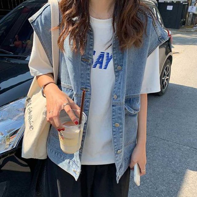 여자 대학생 캠퍼스 룩 청 조끼 데님 베스트 코디