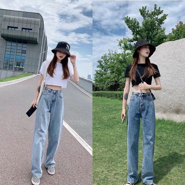 3단 허리 조절 하이웨스트 와이드 데님 팬츠
