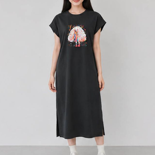 여성 박스핏 감성 프린팅 캡소매 롱원피스 1P 라운드넥 임부복 마실 치마