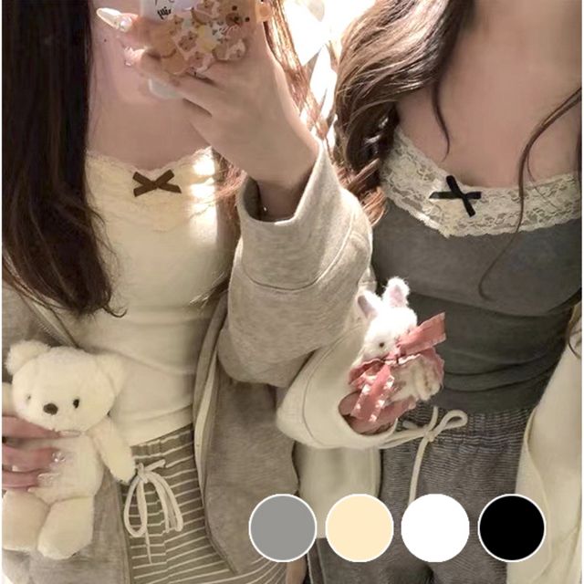 캡내장 귀여운 미니 리본 레이스 골지 끈나시 티셔츠
