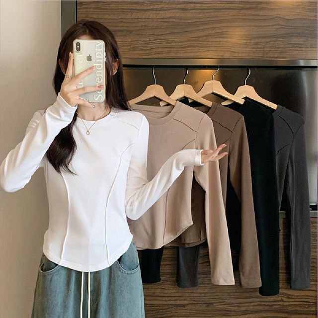 여성 슬림 핏 절개티셔츠 긴팔티 무지티셔츠 데일리티셔츠 편안한코디
