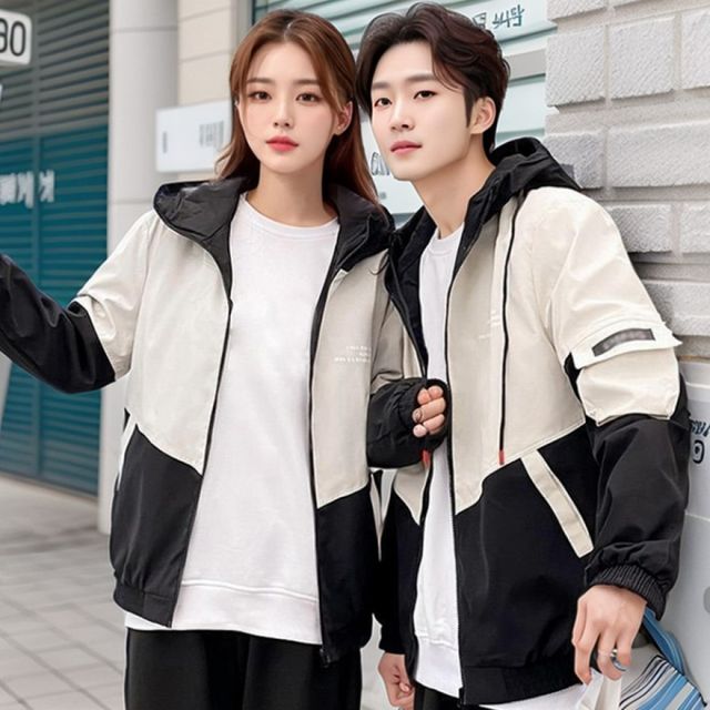 커플용 남녀공용 투톤 경량 바람막이 바시티 점퍼
