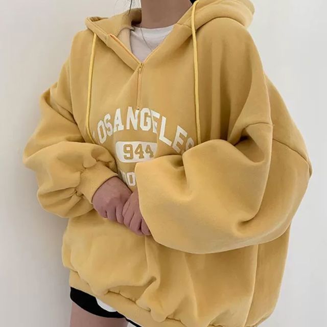 노란색 후드티 여자후드티 반집업 티셔츠 오버핏 루즈핏 레터링티셔츠 캐주얼룩 셔츠