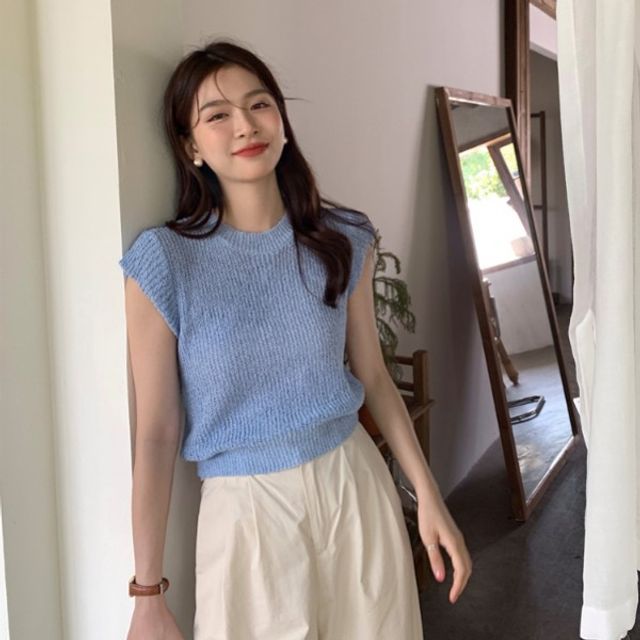 여성 썸머 니트 반팔티셔츠, 캡소매 나들이옷 블라우스