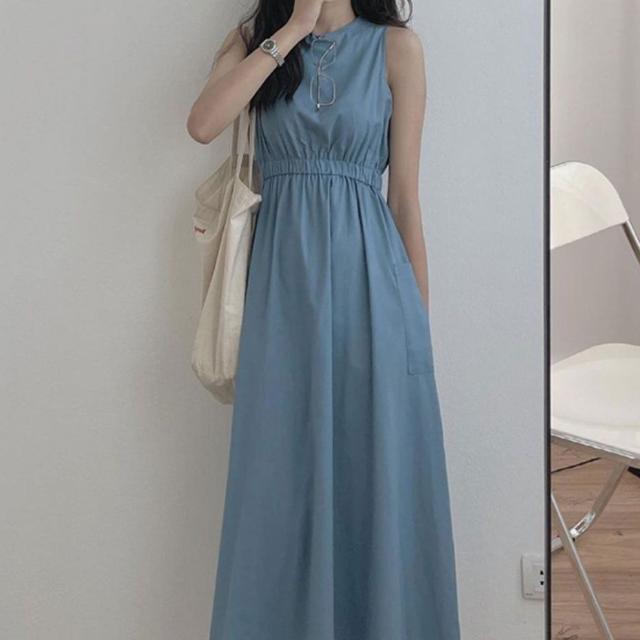 허리 셔링 롱원피스 민소매 사이드포켓 캐주얼룩