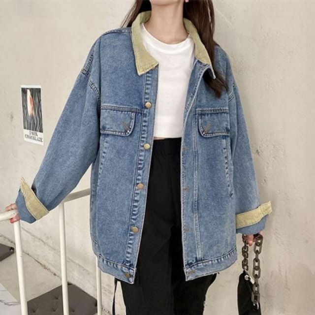 우먼 와이드핏 넥카라 암라인 투톤 트러커자켓걸 배색카라 우먼 패션자켓 데님자켓 베스트 점퍼