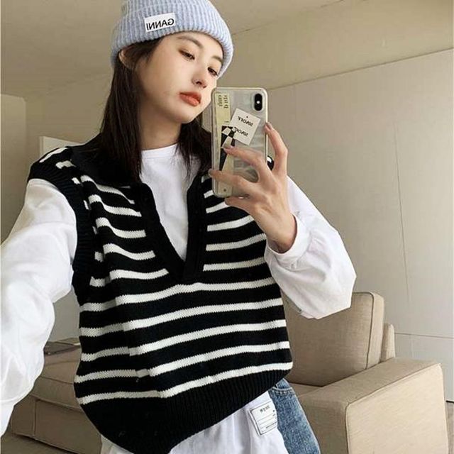 베스트 브이넥 데일리 니트 조끼 단가라 여성