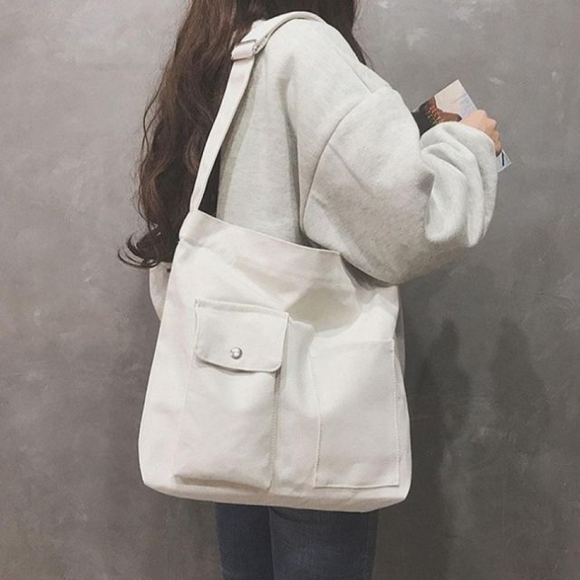 투포켓 2색 데일리 학생용 숄더 크로스 캔버스 에코백 숄더백