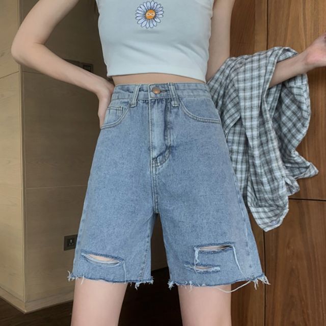 여자 데미지 워싱 하이웨스트 루즈핏 스타일 데님 트렌드 반바지