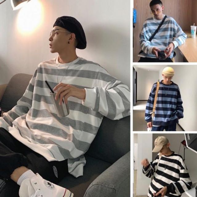 긴발티 스트라이프티셔츠 남성맨투맨 오버핏 긴팔티 라운드넥