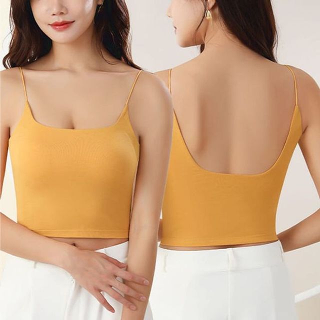 여성 캡나시 크롭 민소매, 캐미솔 브라 내장 끈나시