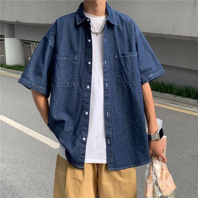 남성 데님 반팔 셔츠 셔츠남방 여름용와이 남자면 코디 캐주얼 남방
