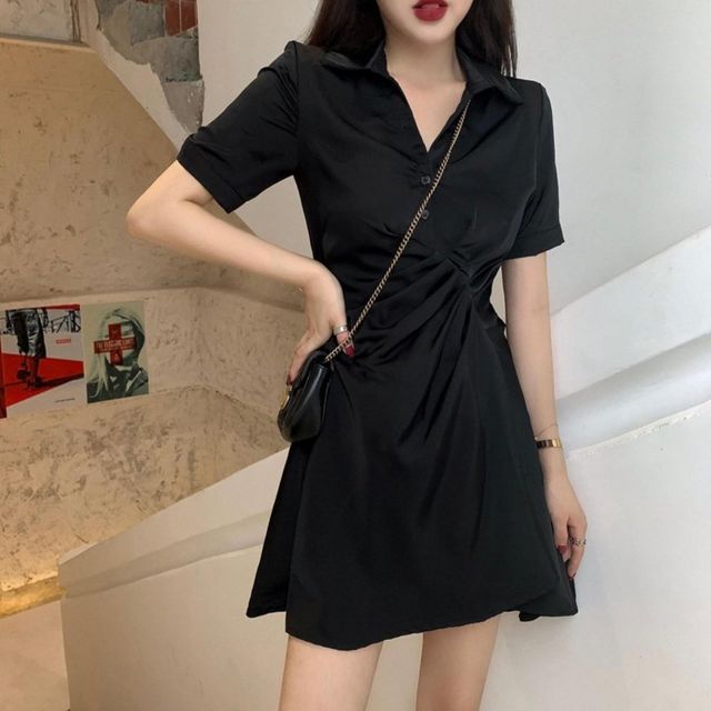 여성여름원피스 여리핏 허리주름 블랙원피스 반팔카라