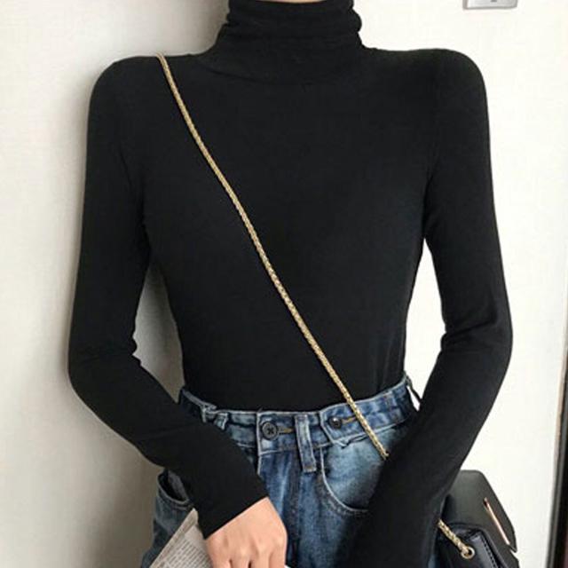 데일리 캐주얼 여성 패션 스판 목폴라 긴팔 티셔츠