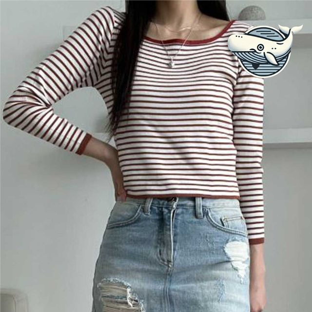 캐주얼 스트라이프 니트티 봄가을 세미크롭