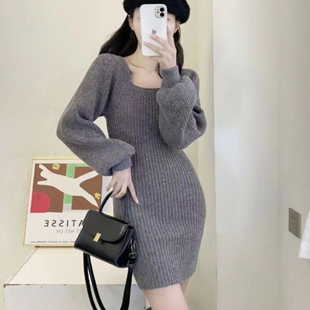 퍼프소매 골지 도톰 슬림핏 니트 미니원피스 원피스