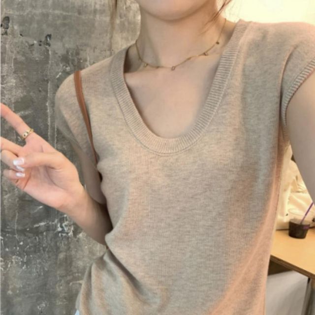 여성 여름 소프트 유넥 캡소매 반소매 니트 티셔츠