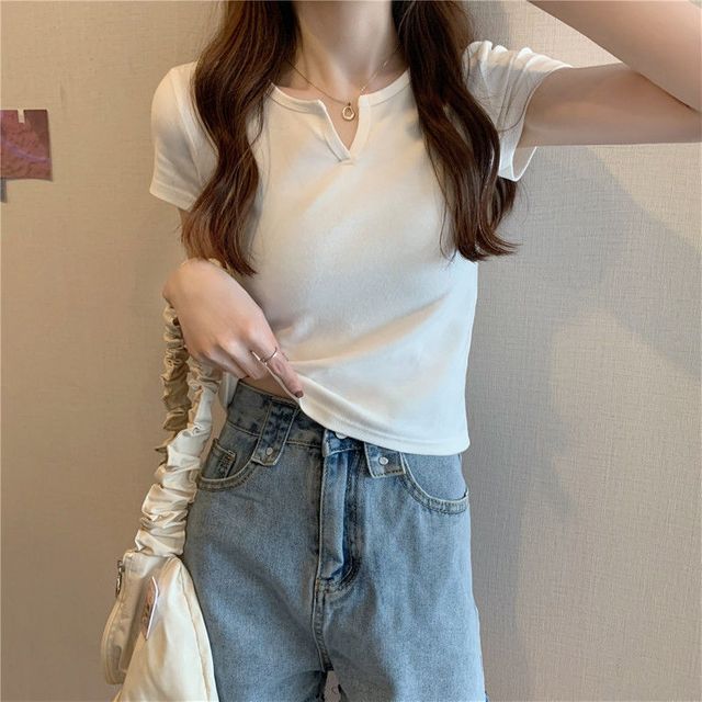 온나핏 여성 브이트임 기본 무지 면티셔츠 FR-1618110