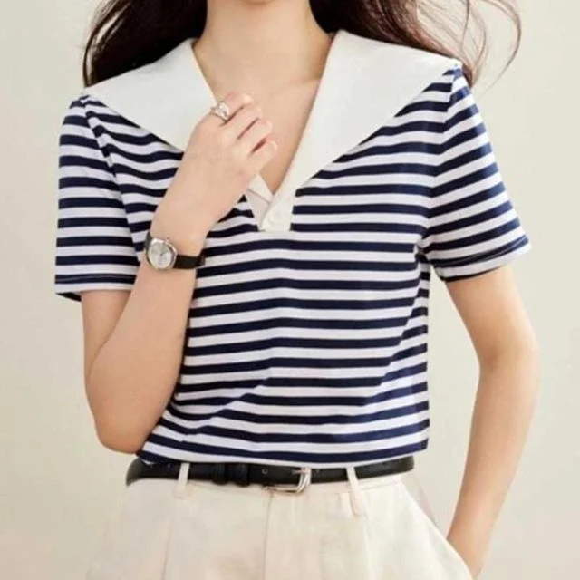 빅카라 반소매티 단정하면서도 캐주얼한 가로줄 여름티 반팔티