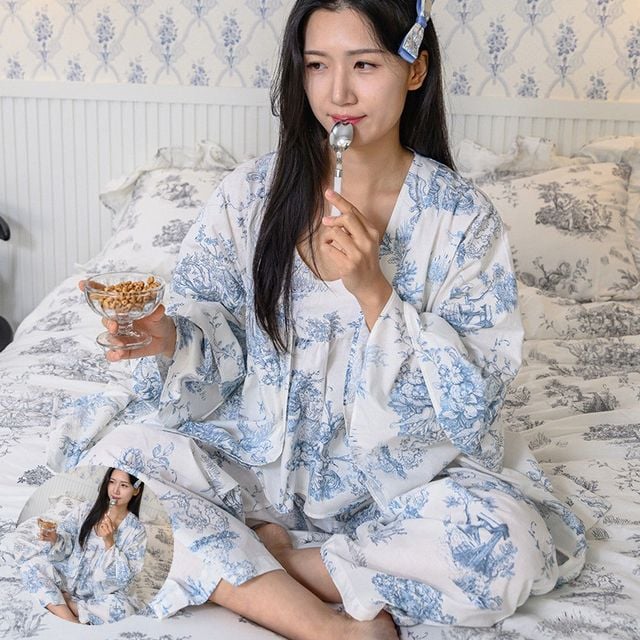 면로브가운 면로브 잠옷 디오레 여성용 긴팔 로브 M 블루