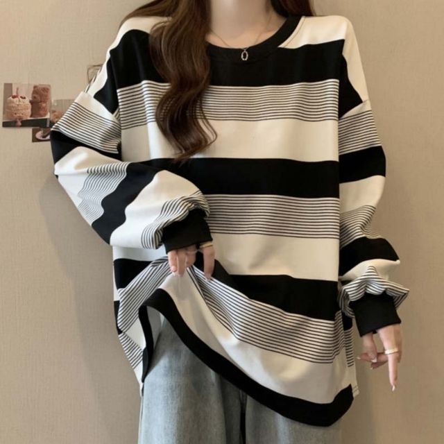 스트라이프티셔츠 오버핏티셔츠 여성 긴팔 루즈핏 맨투맨 박스 기본티 캐주얼룩 여성긴팔티