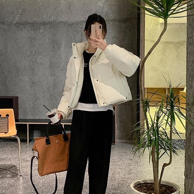 여성 캐주얼 하이넥 세미 크롭 숏 패딩 점퍼