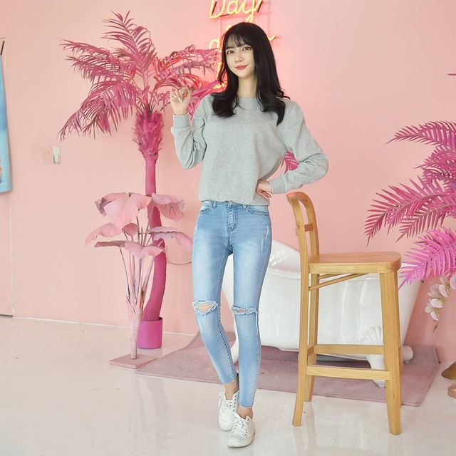 TBZ 교복몰 (GBM) 데일리 데미지 컷팅 워싱팬츠 (연청)
