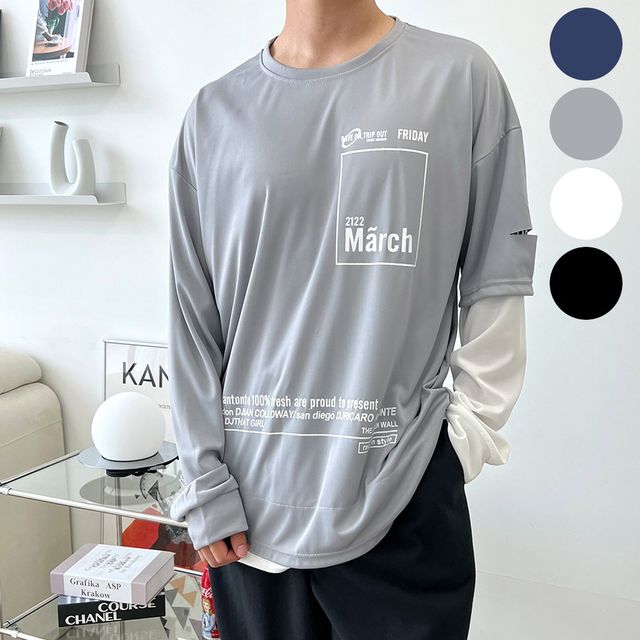 남자 오버핏 반팔 레이어드 라운드넥 티셔츠 긴팔