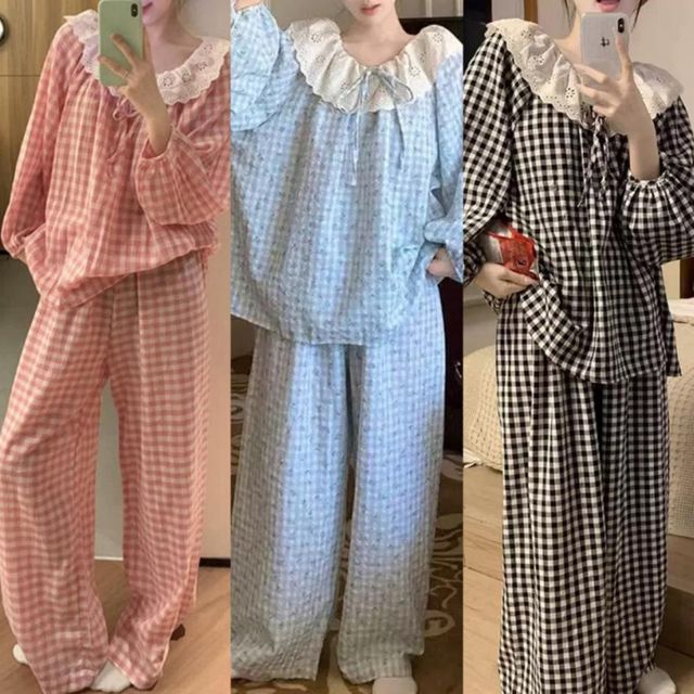 여성 사계절 데일리 파자마 펀칭 프릴 체크 잠옷 세트