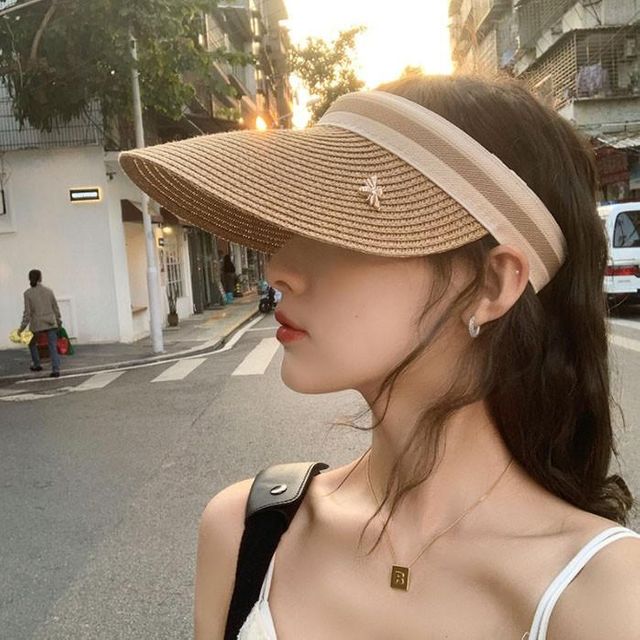 선캡 데코 왕골 차단 썬캡 돌돌이 벙 골드 여성 모자 밀짚