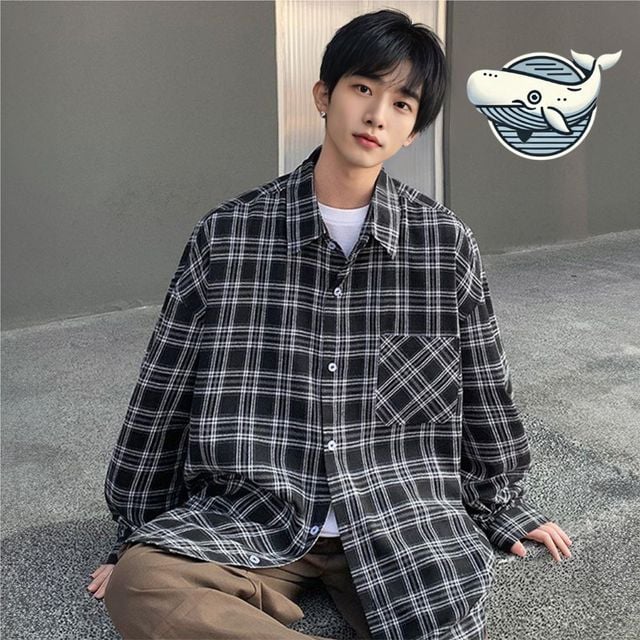 캐주얼 남자 오버핏 체크셔츠 편안한 긴팔 남방