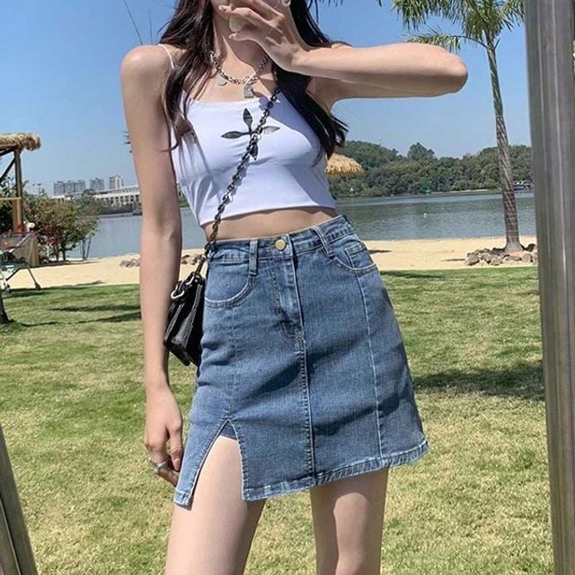 블루진 플레어스커트일상 올데이 세미플레어 슬릿 청치마