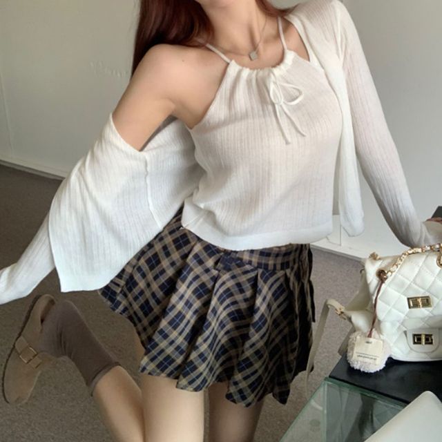 투웨이 홀터넥 크롭 리본나시 니트가디건세트 여친룩