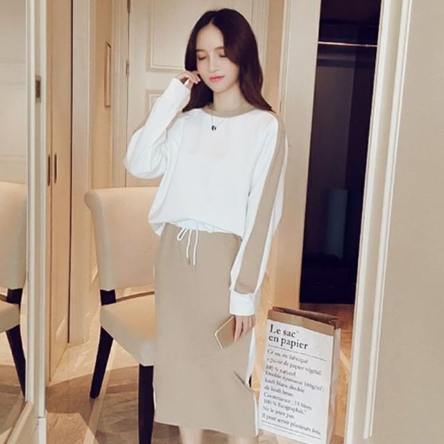 캐주얼 스커트 세트 라운드티 배색 미디 치마 스커트