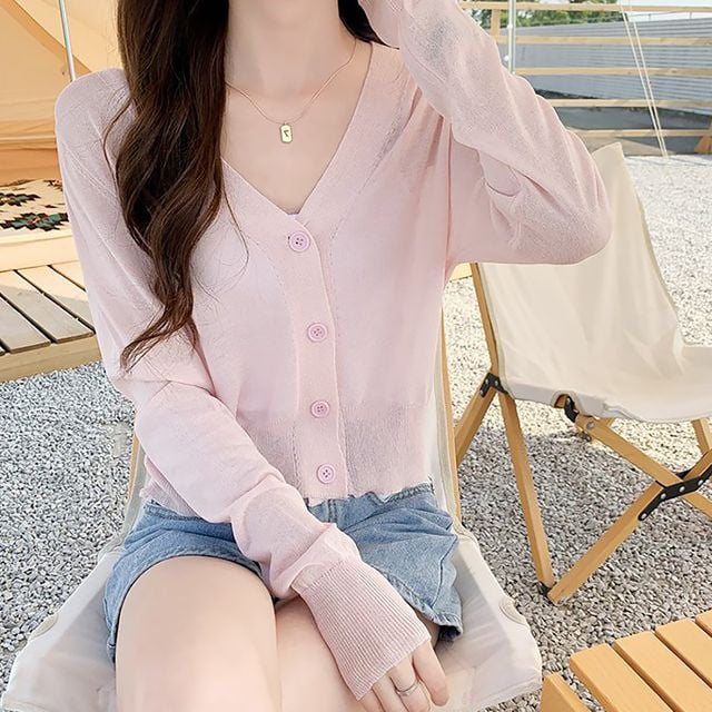 여름 브이넥 파스텔 비치 캐주얼 미니 긴팔 가디건