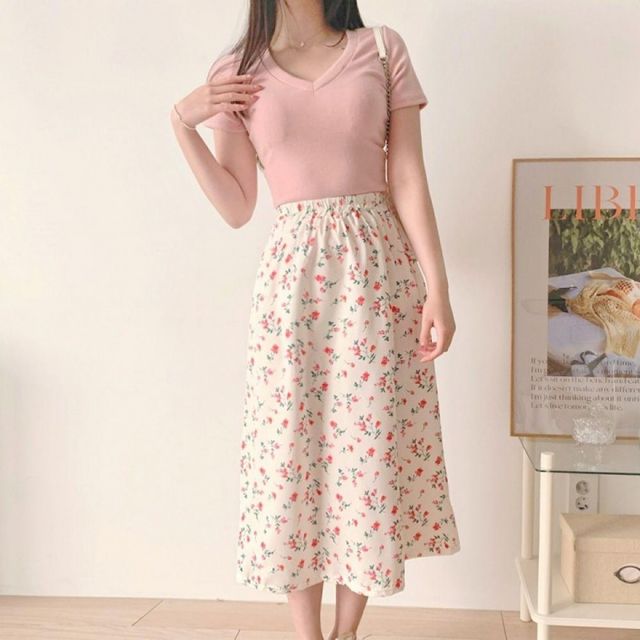 쉬폰 플레어 롱스커트 여성 꽃패턴 밴딩 허리 A라인 바캉스 치마