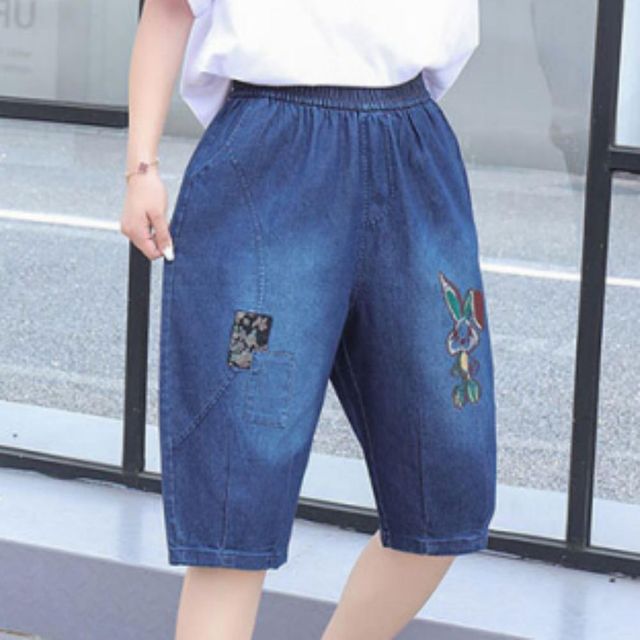 여성 와이드 여름 데님 팬츠 밴딩 자수 7부 청바지