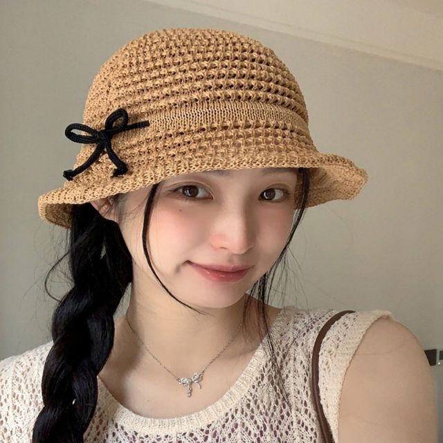 여자 예쁜 짜임 느낌 리폰 포인트 데일리 버킷햇