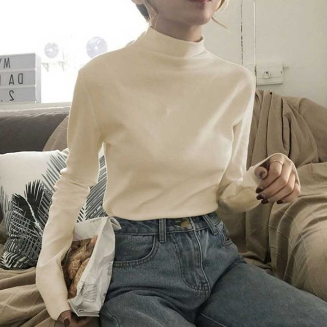 여자 터틀넥 긴팔 여성 라운드티셔츠 기본 데일리룩 흰색 크림색 긴팔티셔츠