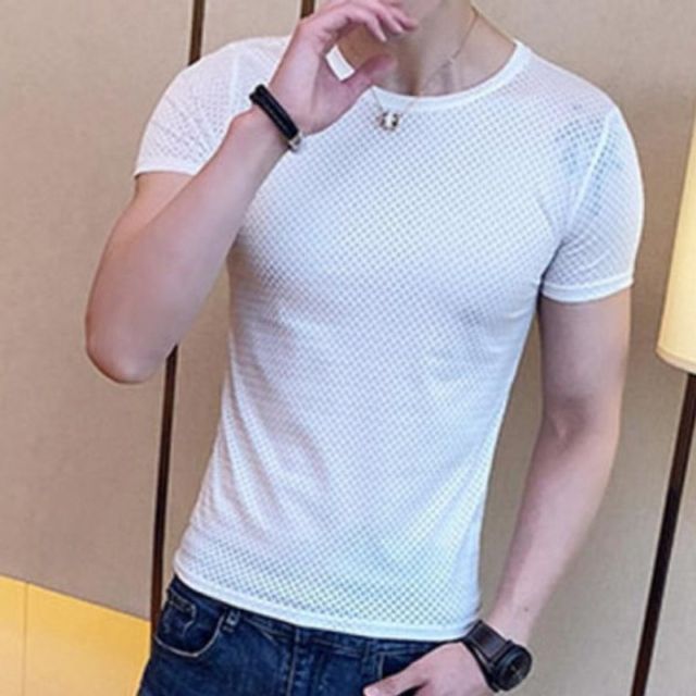 남자 반팔 티셔츠 남자 비치웨어 여름 라운드넥 1개 신축 슬림핏 4색 반팔셔츠 메시 이너웨어 쫄티