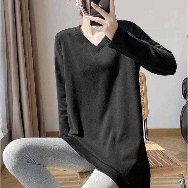 힙 덮는 기모 루즈 박시 핏 브이넥 긴팔 롱 티셔츠
