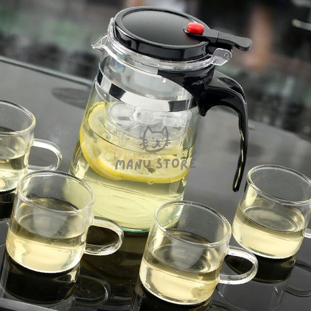 유리찻잔세트 거름망주전자 드롭 차포트 찻잔세트 700ml 4인 투명