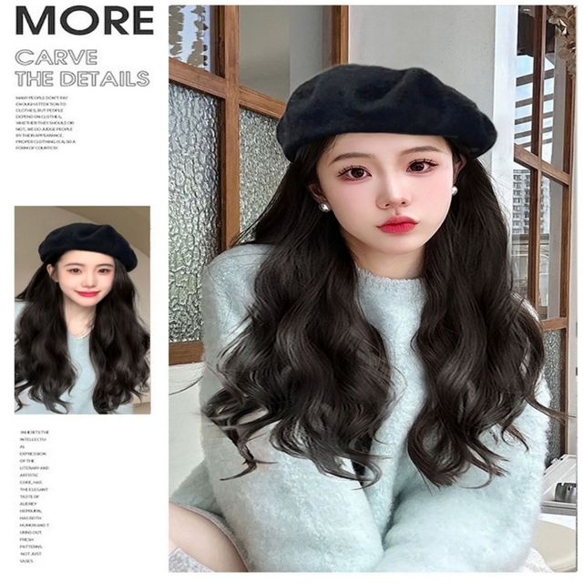 2컬러 웨이브 물결 베레모모자 일체형 긴머리 가발