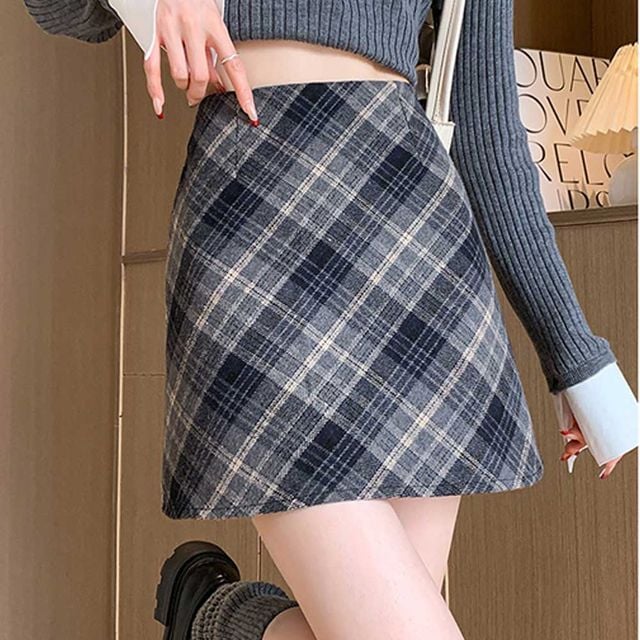 소개팅 룩 여자 미니 스커트 체크 모직 숏 치마 코디